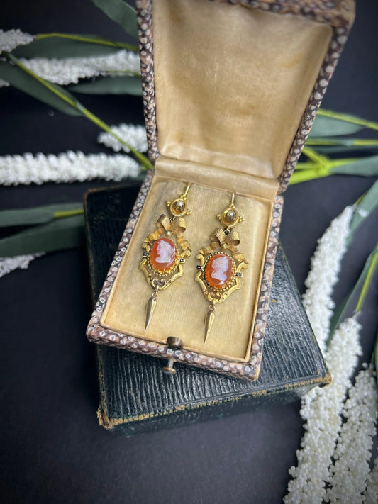 Antique 15 Carat Gold Victorian Hardstone Cameo Earrings