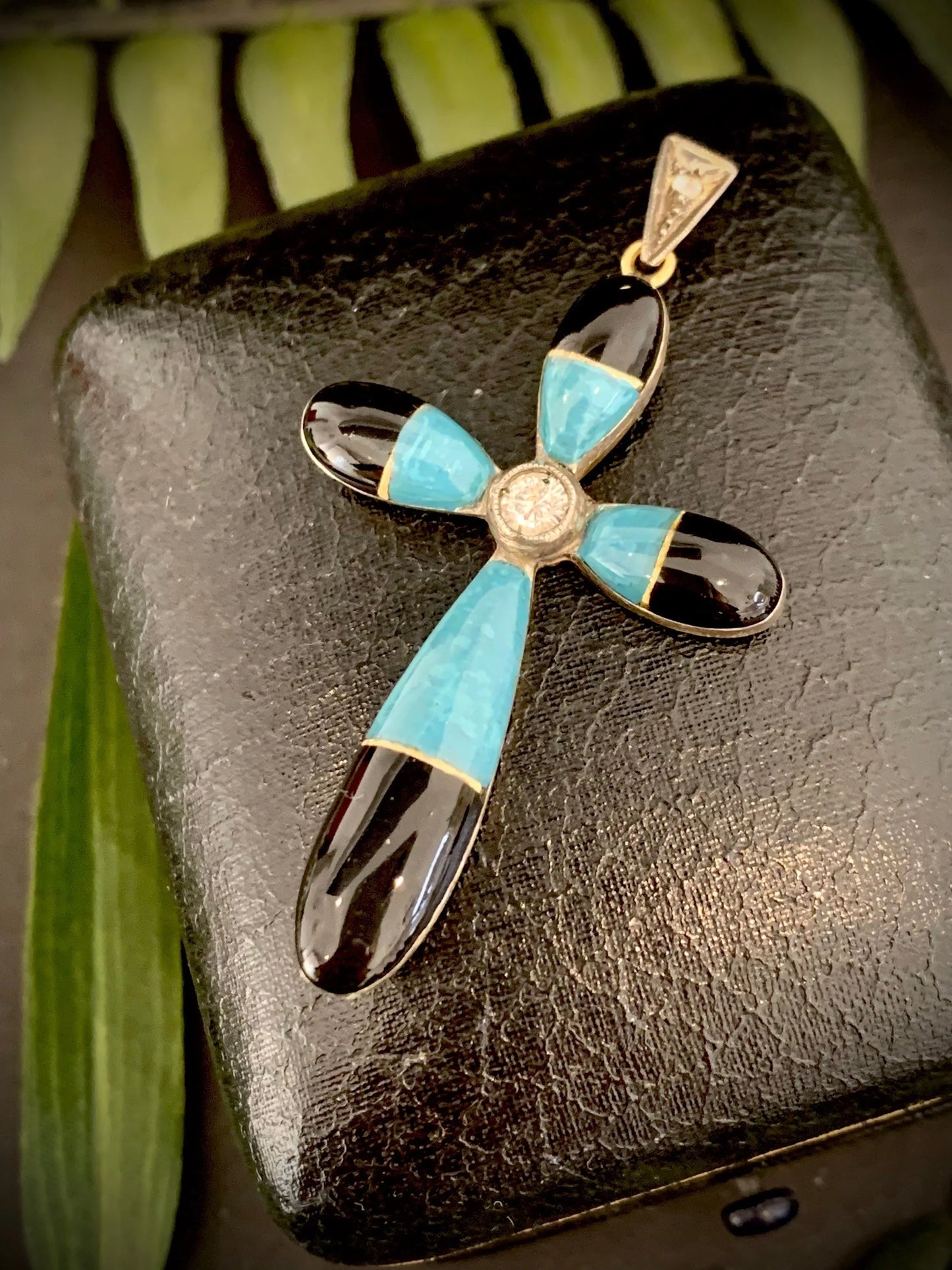 Antique 18 Carat Gold Diamond, Turquoise and Black Enamel Cross Pendant, Circa 1920