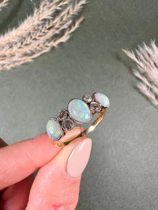 Antique 18 Carat Yellow Gold, Platinum, Opal and Diamond Ring, Circa 1920