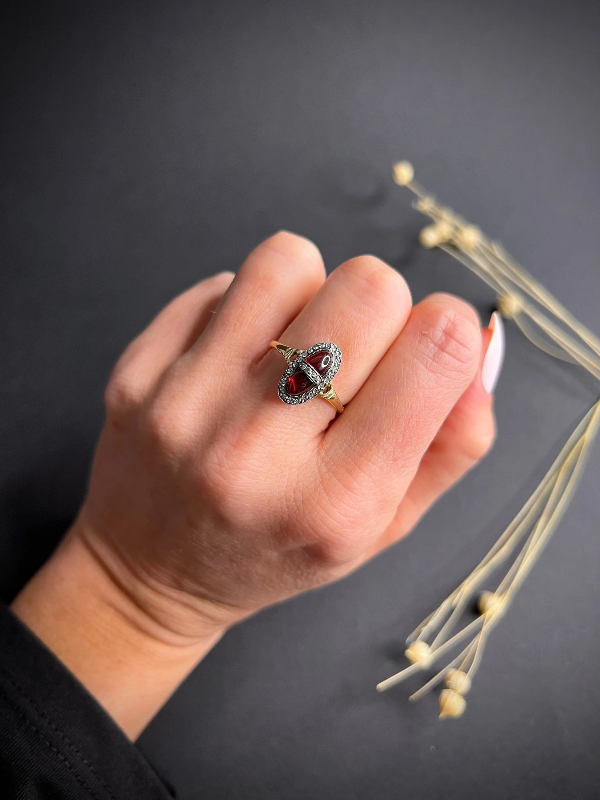 Antique 18 Carat Gold and Platinum Cabochon Garnet and Diamond Ring, Circa 1900