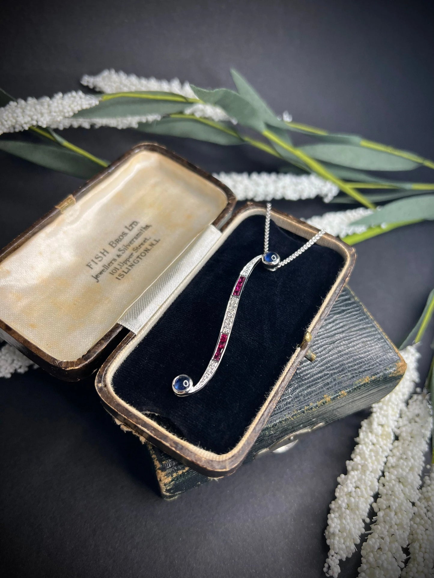 Contemporary 18ct White Gold, Sapphire, Ruby, Diamond Swirl Pendant Necklace