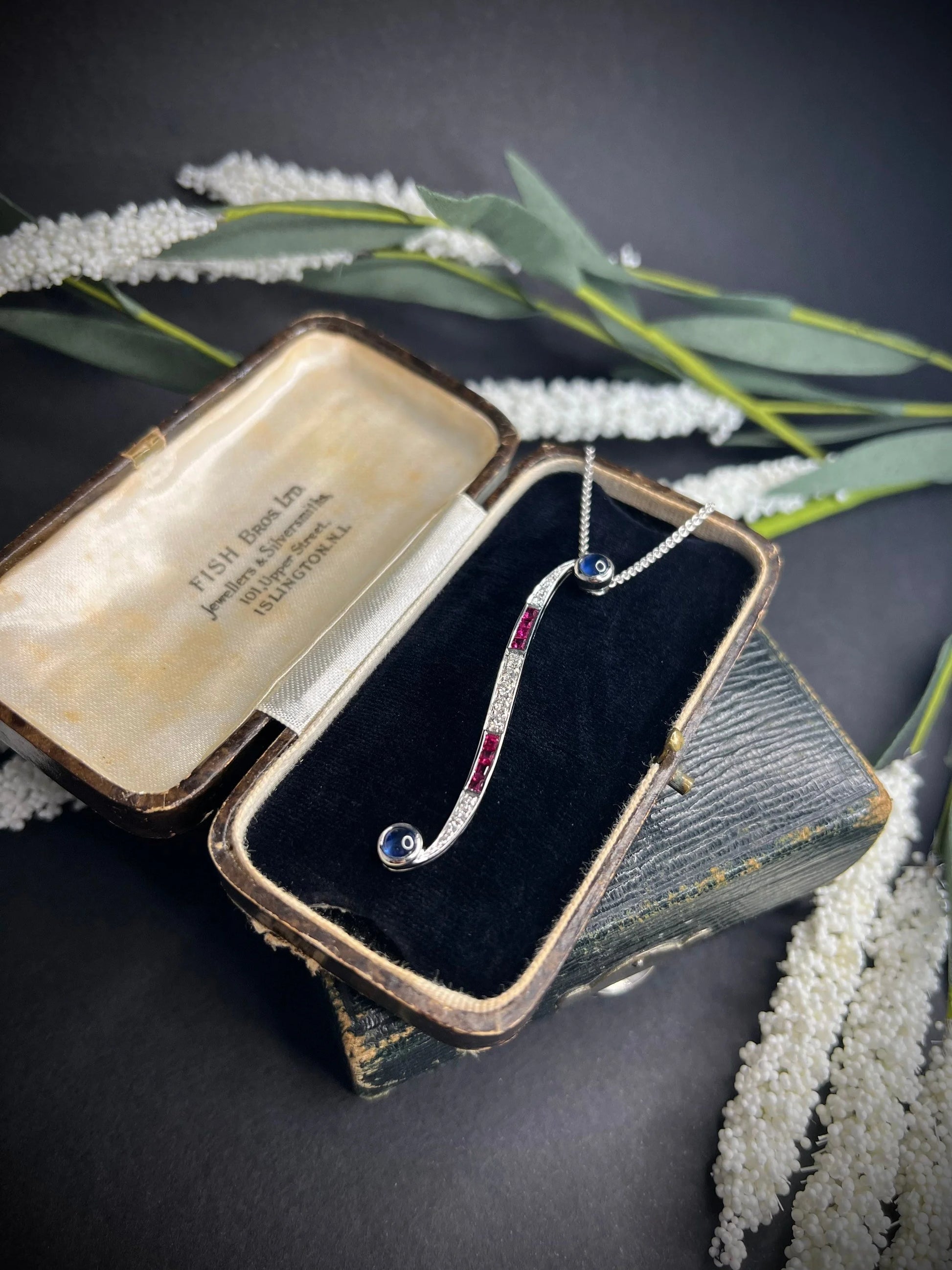 Contemporary 18ct White Gold, Sapphire, Ruby, Diamond Swirl Pendant Necklace