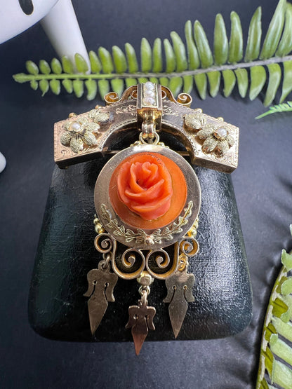 Antique 15 Carat Rose Gold Victorian Coral And Pearl Brooch/Pendant