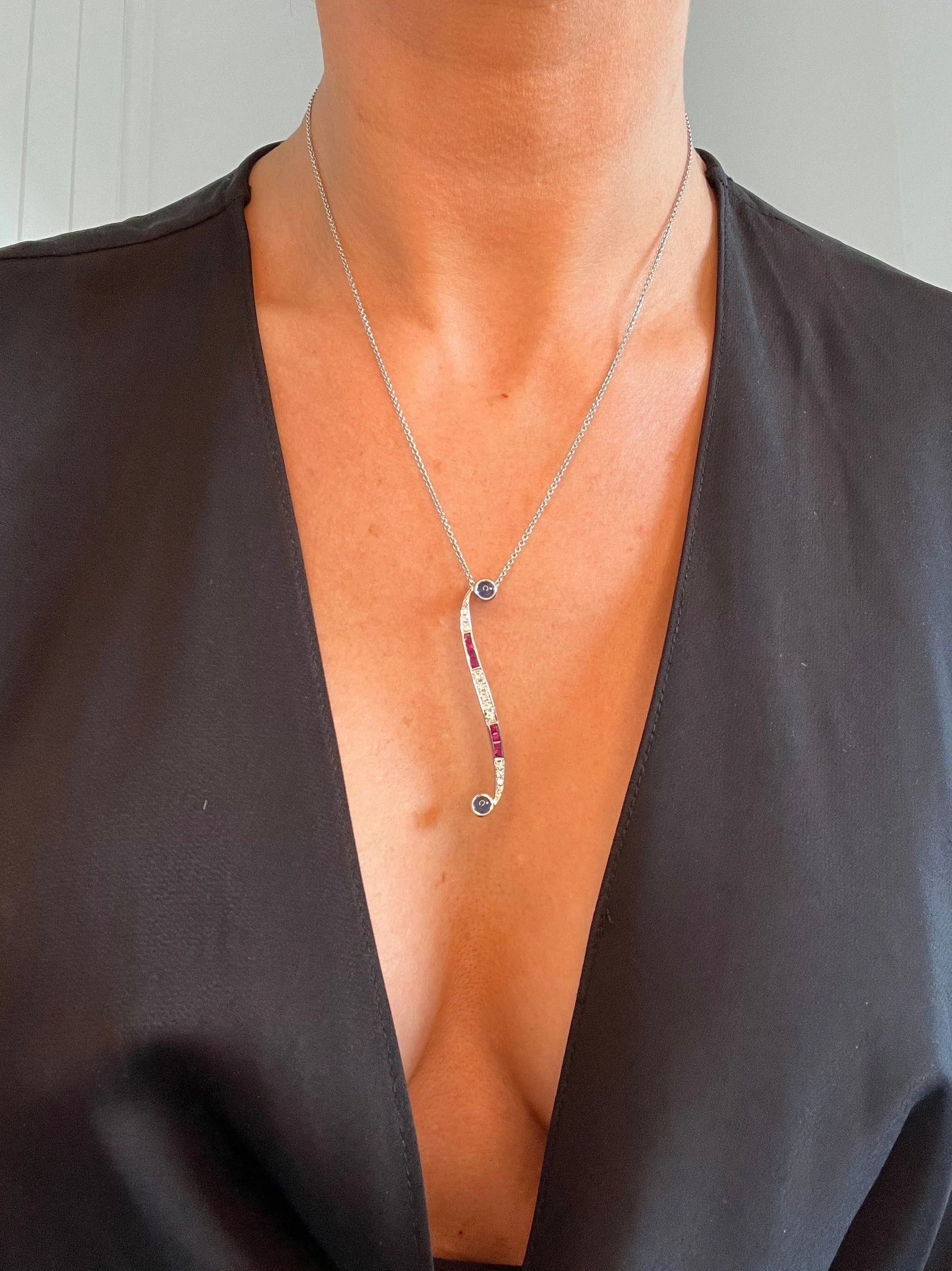 Contemporary 18ct White Gold, Sapphire, Ruby, Diamond Swirl Pendant Necklace