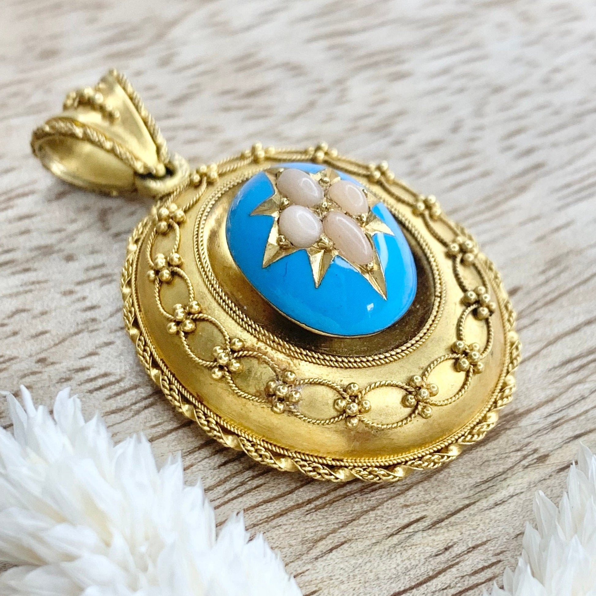 Early Victorian Antique 15ct Yellow Gold Locket Pendant with Turquoise Blue Enamel Centre and Star Set Natural Coral
