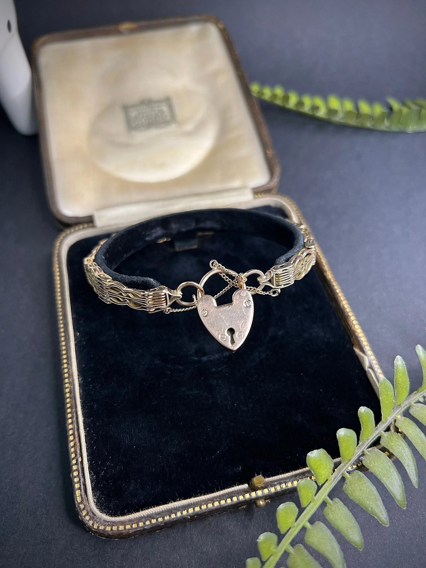 Vintage 9 Carat Rose Gold Gate Bracelet with Heart Padlock, Circa 1970