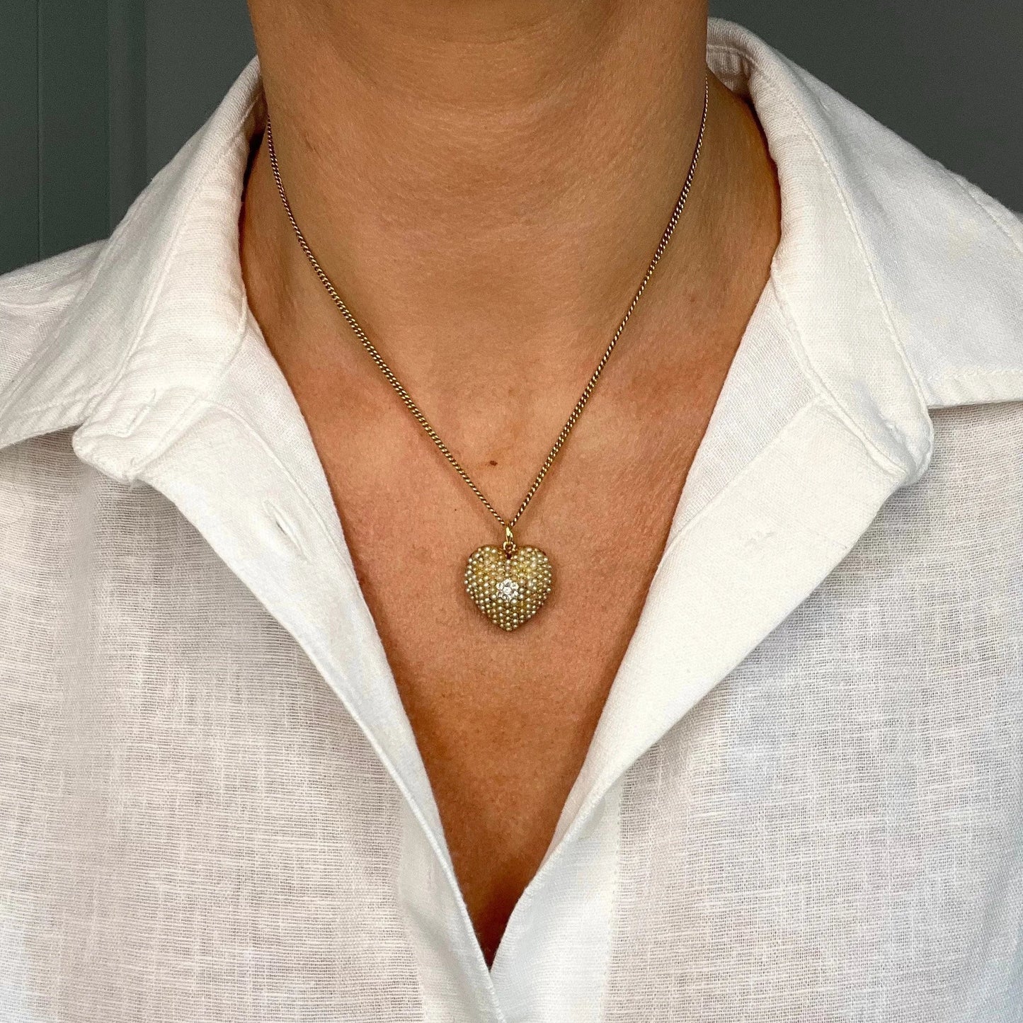 Edwardian Antique Natural Seed Pearl and Diamond Heart Pendant