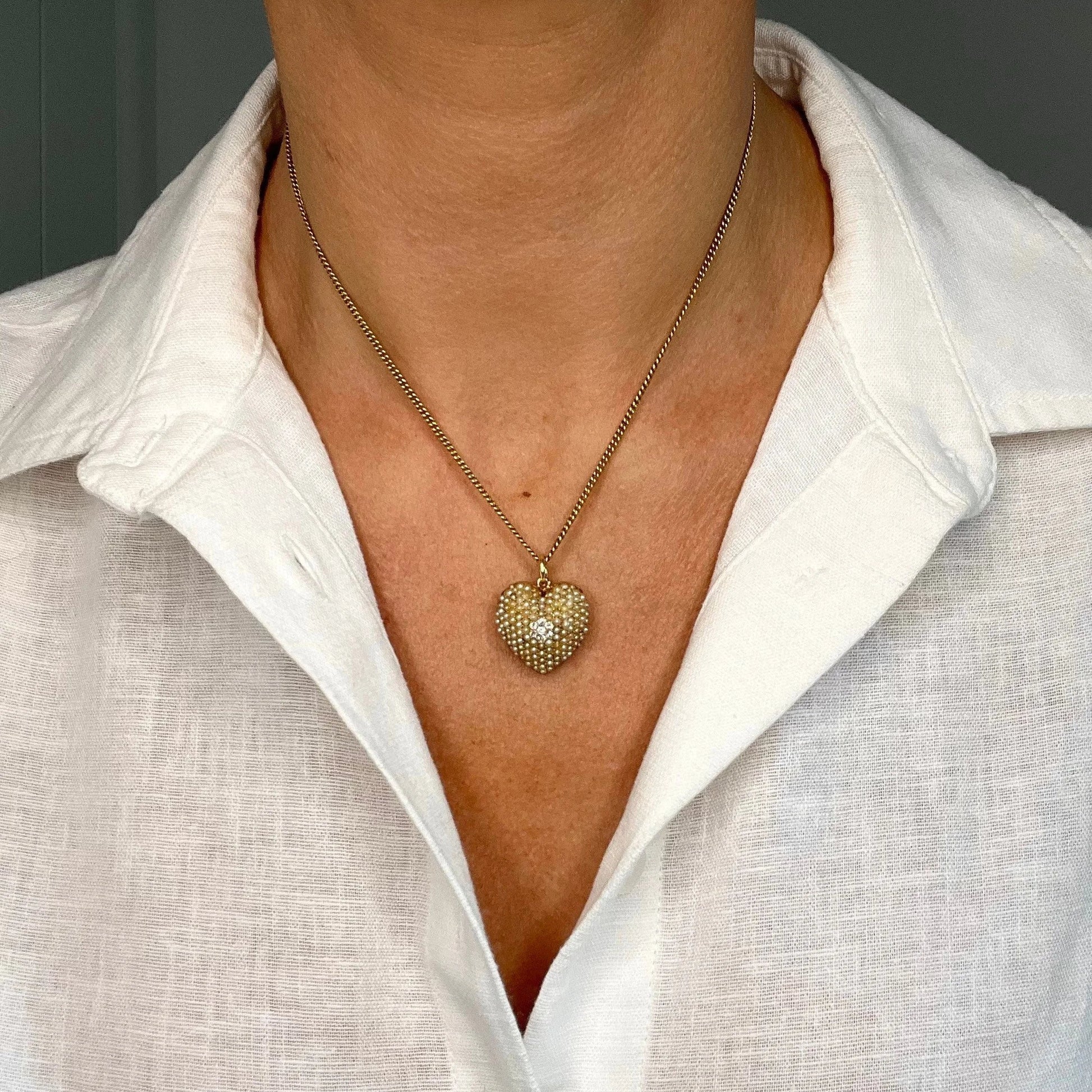 Edwardian Antique Natural Seed Pearl and Diamond Heart Pendant