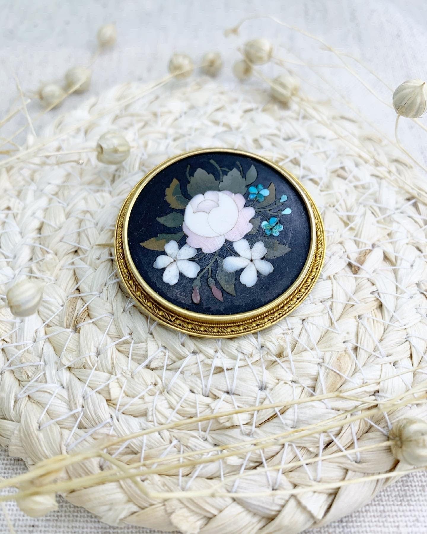 Victorian 15 Carat Gold Pietra Dura Floral Mosaic Brooch, Circa 1880