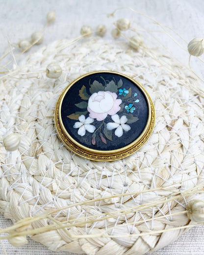 Victorian 15 Carat Gold Pietra Dura Floral Mosaic Brooch, Circa 1880