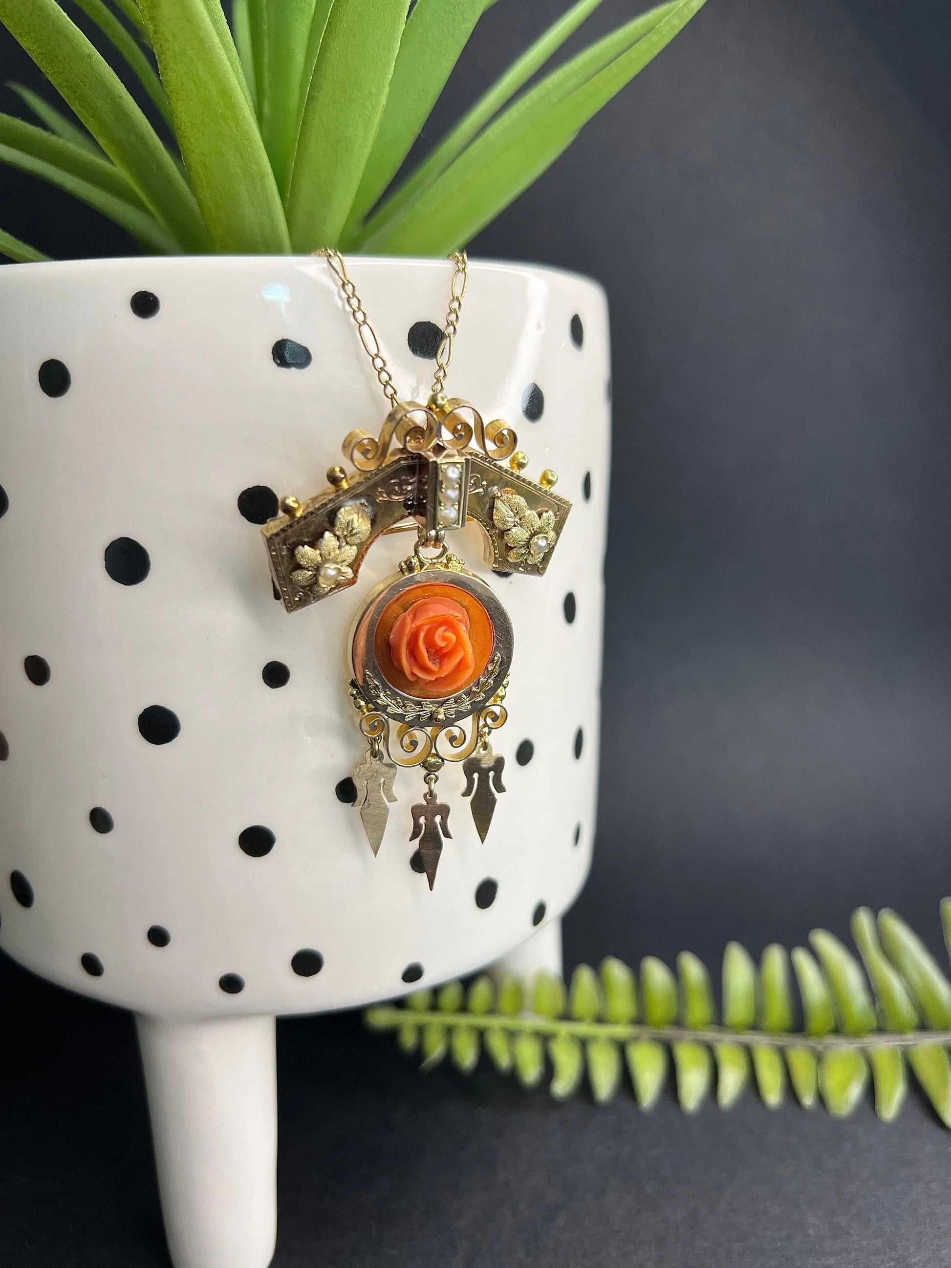 Antique 15 Carat Rose Gold Victorian Coral And Pearl Brooch/Pendant