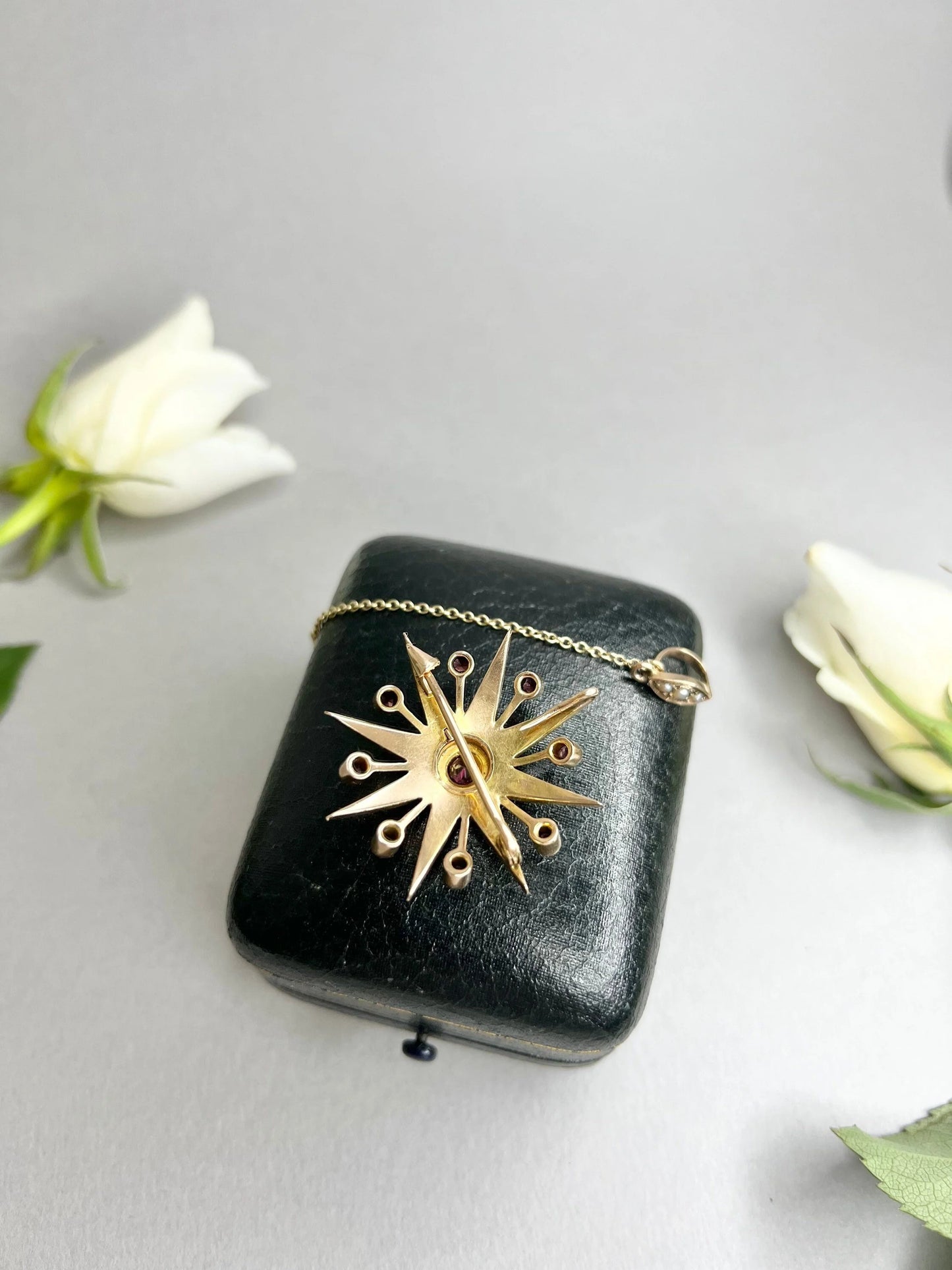 Antique 9ct Rose Gold, Edwardian Garnet & Pearl Star Brooch/Pendant