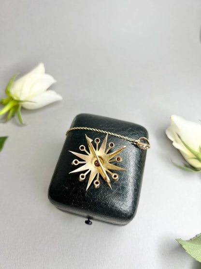 Antique 9ct Rose Gold, Edwardian Garnet & Pearl Star Brooch/Pendant