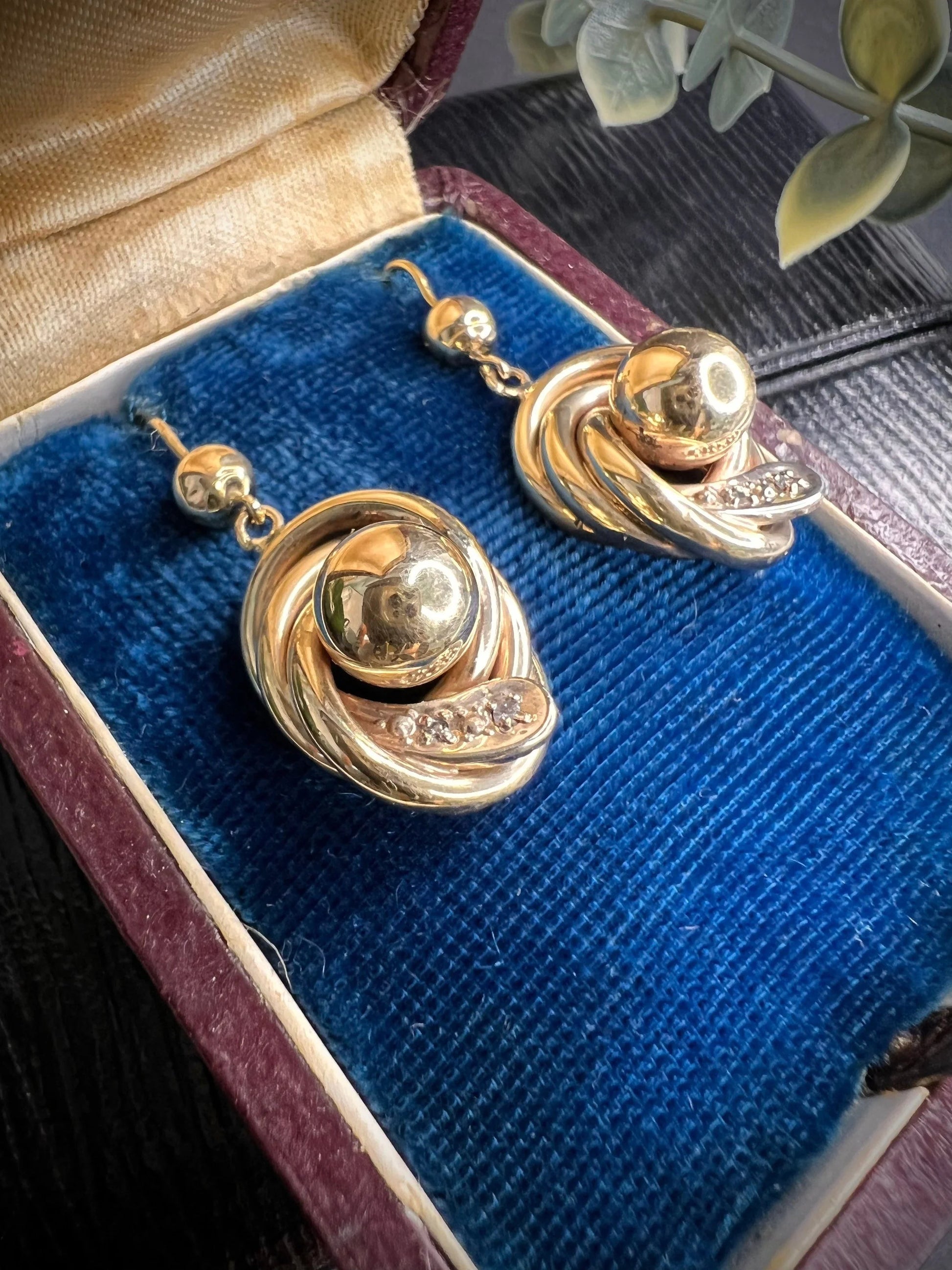 Antique 9ct Gold Edwardian Snake & Ball Diamond Set Earrings
