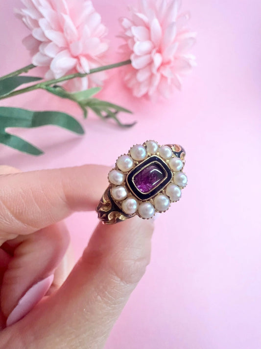 Antique 18 Carat Gold Victorian Pearl And Garnet Cluster Ring