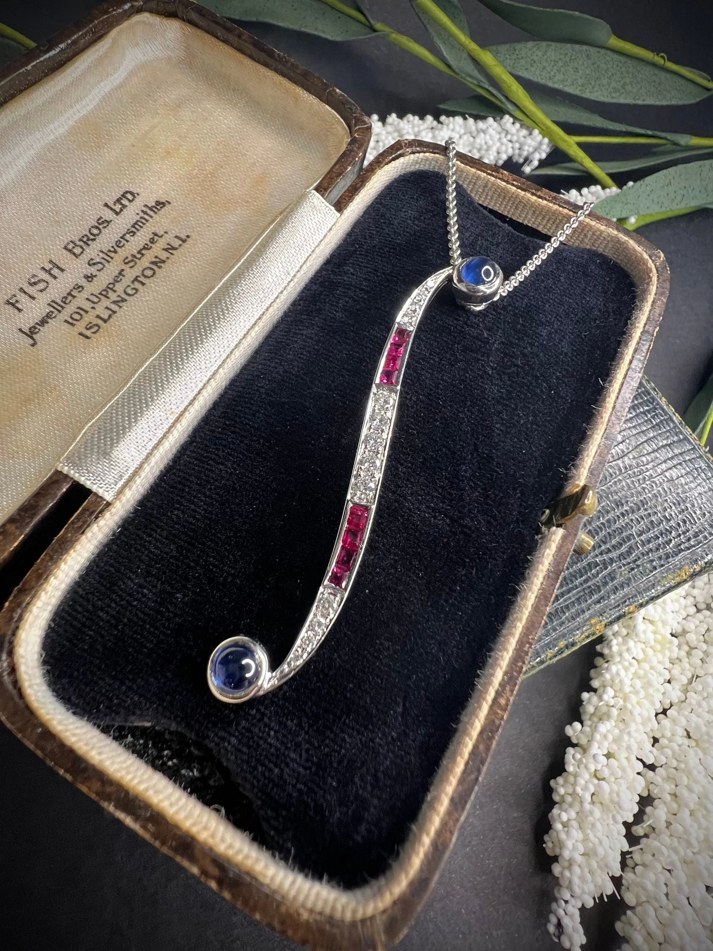 Contemporary 18ct White Gold, Sapphire, Ruby, Diamond Swirl Pendant Necklace