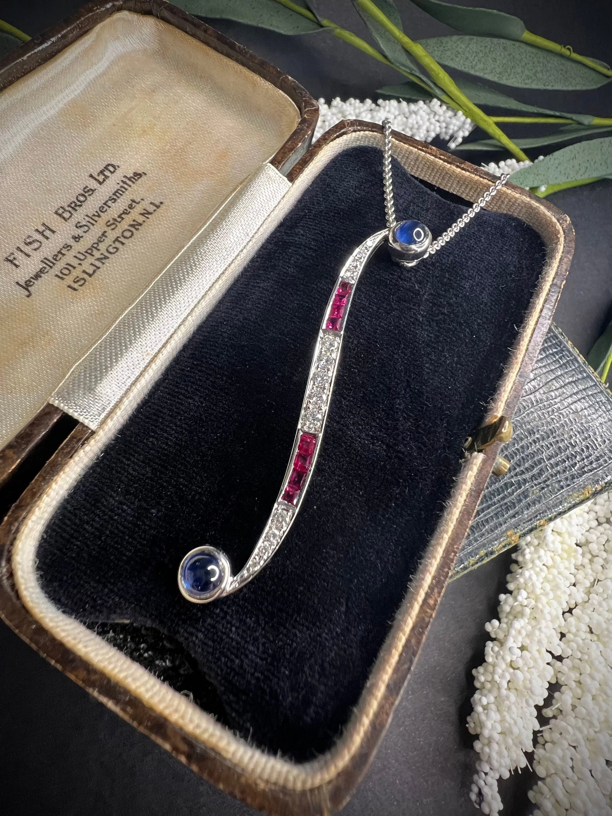 Contemporary 18ct White Gold, Sapphire, Ruby, Diamond Swirl Pendant Necklace