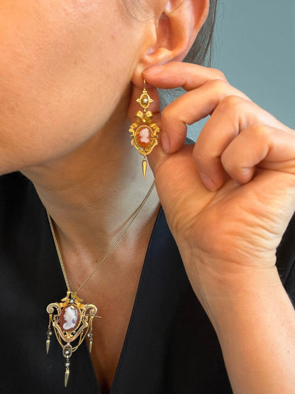 Antique 15 Carat Gold Victorian Hardstone Cameo Earrings