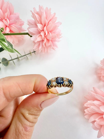 Vintage 18ct Yellow Gold, Sapphire And Diamond Seven Stone Engagement Ring