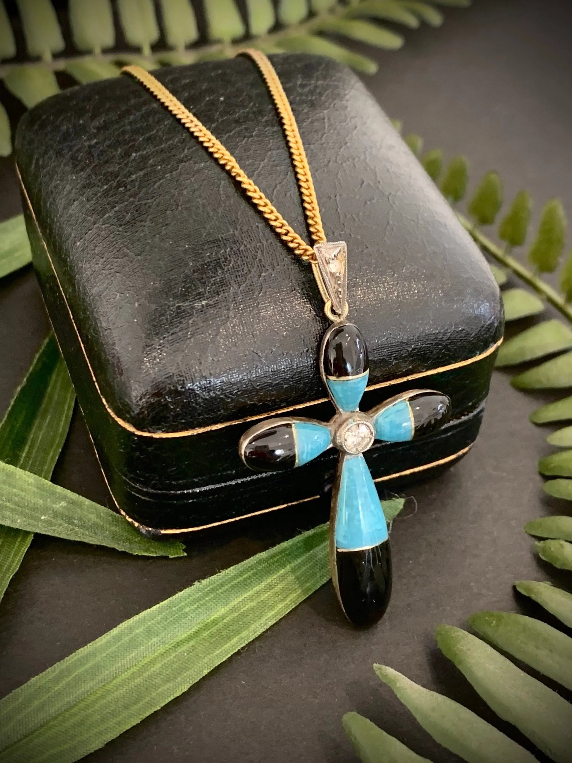 Antique 18 Carat Gold Diamond, Turquoise and Black Enamel Cross Pendant, Circa 1920