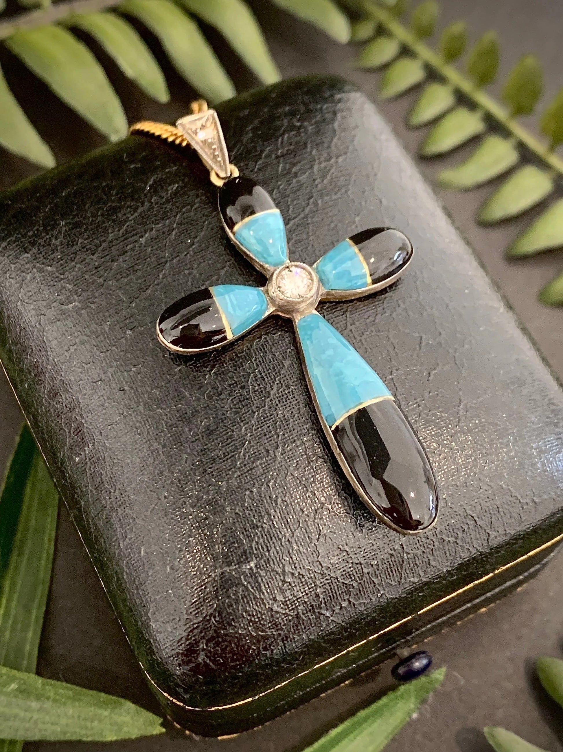 Antique 18 Carat Gold Diamond, Turquoise and Black Enamel Cross Pendant, Circa 1920