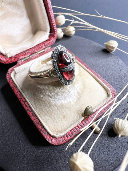 Antique 18 Carat Gold and Platinum Cabochon Garnet and Diamond Ring, Circa 1900