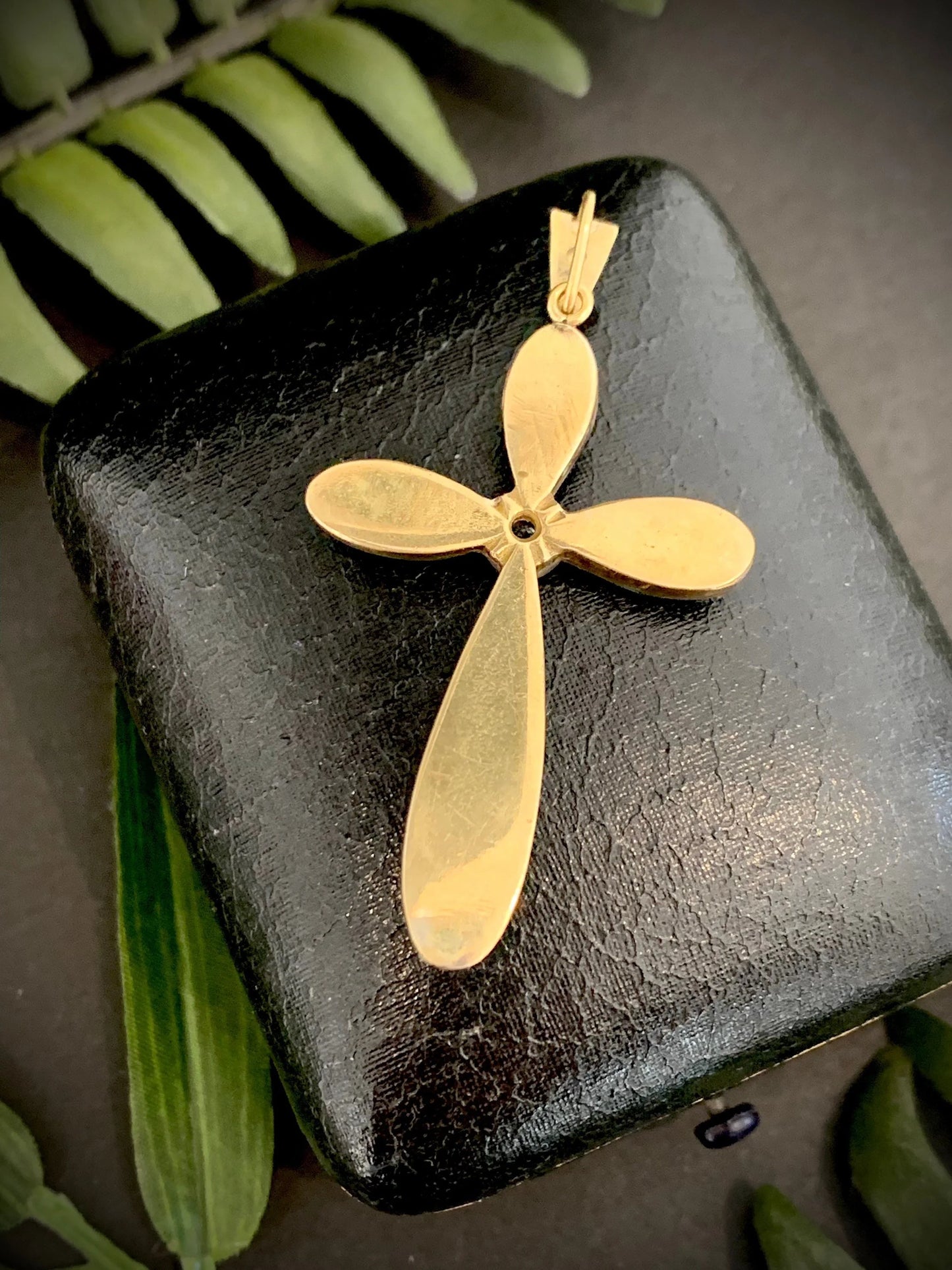 Antique 18 Carat Gold Diamond, Turquoise and Black Enamel Cross Pendant, Circa 1920