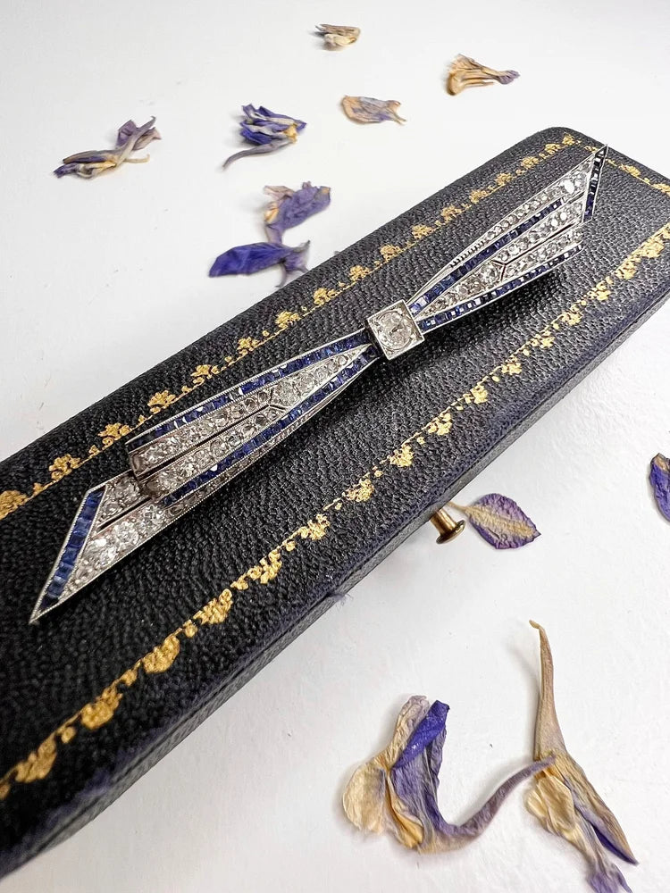 Antique Edwardian Platinum Bow Brooch with Diamond and Sapphires, Circa 1910