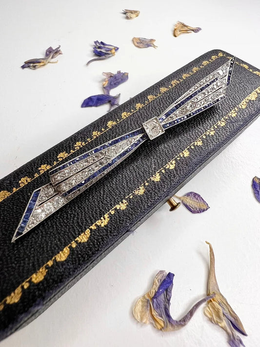 Antique Edwardian Platinum Bow Brooch with Diamond and Sapphires, Circa 1910