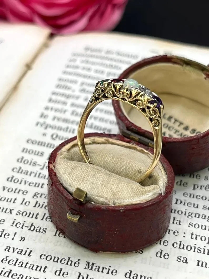 Edwardian Antique Acrostic ADORE Ring with Amethyst Diamond Opal Ruby Emerald