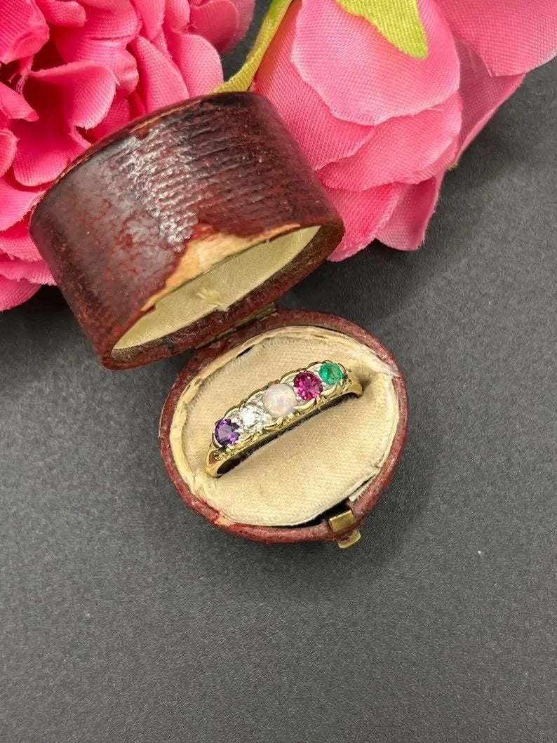 Edwardian Antique Acrostic ADORE Ring with Amethyst Diamond Opal Ruby Emerald
