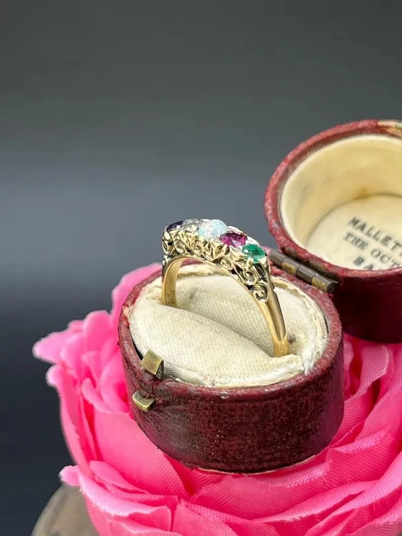 Edwardian Antique Acrostic ADORE Ring with Amethyst Diamond Opal Ruby Emerald