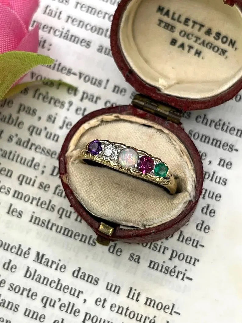 Edwardian Antique Acrostic ADORE Ring with Amethyst Diamond Opal Ruby Emerald