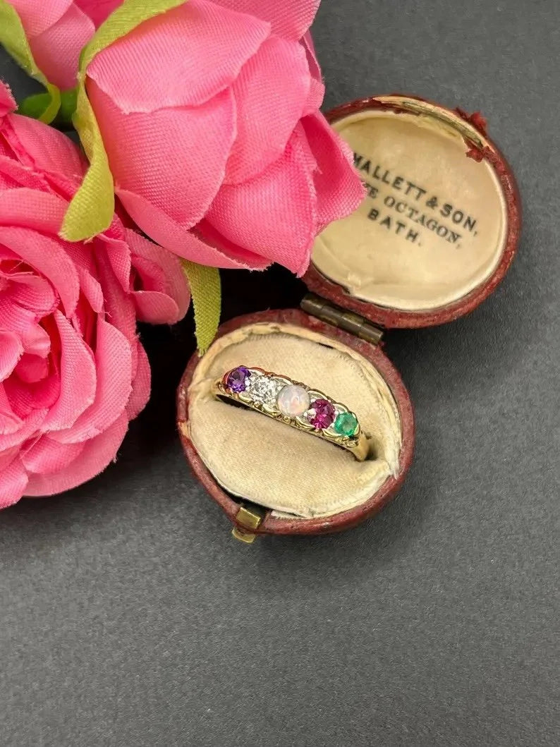 Edwardian Antique Acrostic ADORE Ring with Amethyst Diamond Opal Ruby Emerald