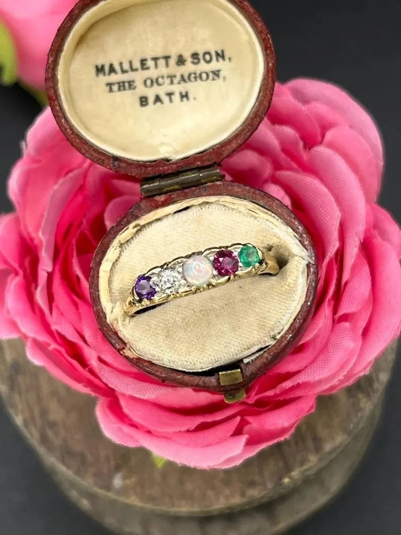 Edwardian Antique Acrostic ADORE Ring with Amethyst Diamond Opal Ruby Emerald