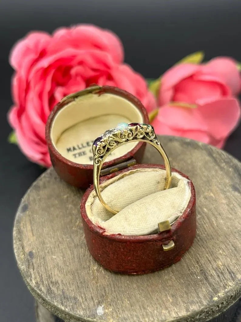 Edwardian Antique Acrostic ADORE Ring with Amethyst Diamond Opal Ruby Emerald