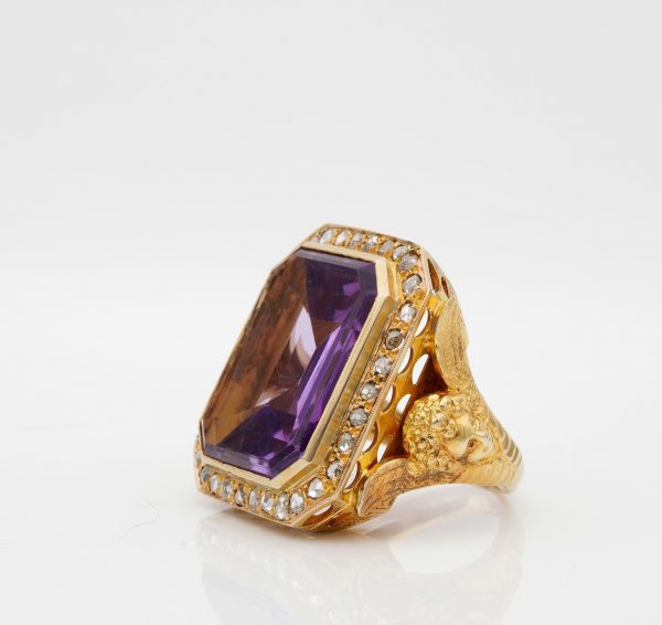 Rare and Imposing Antique Victorian Amethyst and Diamond Angel Bishop Ring