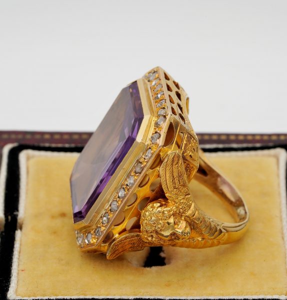 Rare and Imposing Antique Victorian Amethyst and Diamond Angel Bishop Ring