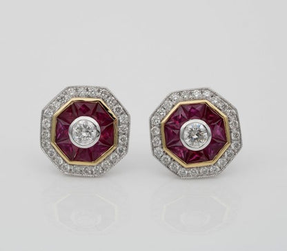 Art Deco Style 1.40ct Natural Ruby and Diamond Target Stud Earrings