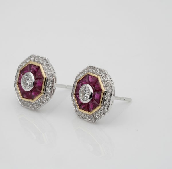 Art Deco Style 1.40ct Natural Ruby and Diamond Target Stud Earrings