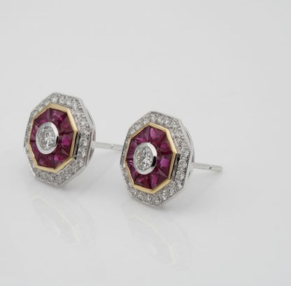 Art Deco Style 1.40ct Natural Ruby and Diamond Target Stud Earrings
