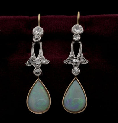 Antique Edwardian Opal and Diamond Silver on Gold Drop Earrings