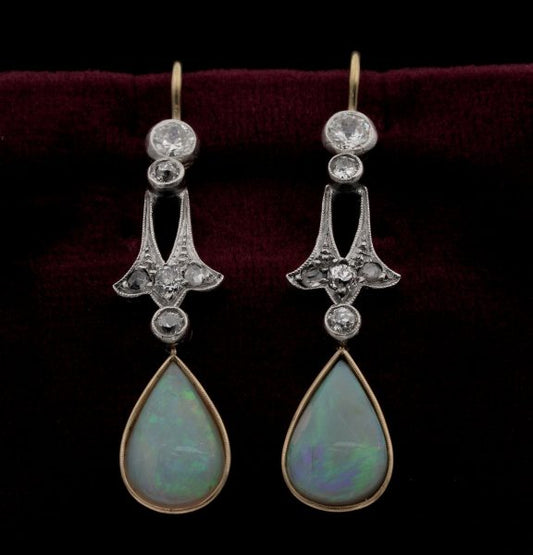 Antique Edwardian Opal and Diamond Silver on Gold Drop Earrings
