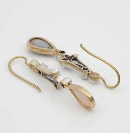 Antique Edwardian Opal and Diamond Silver on Gold Drop Earrings