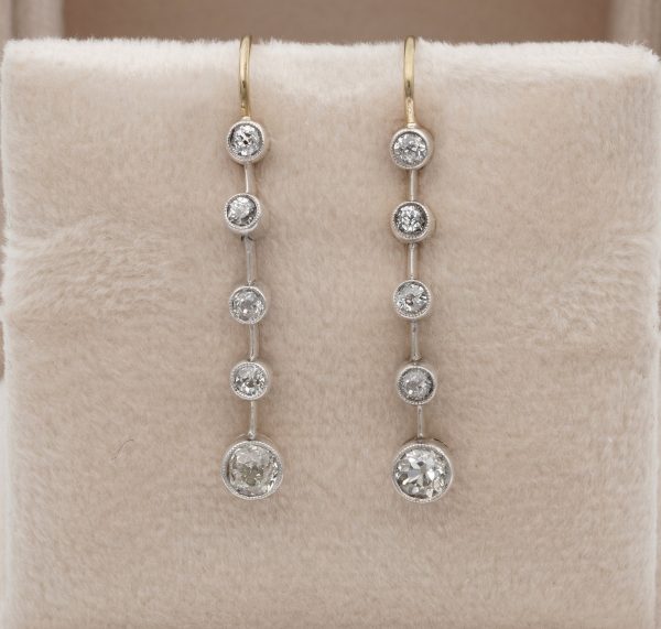 Antique Victorian 1.10ct Old Mine Cut Diamond Bar Line Drop Earrings