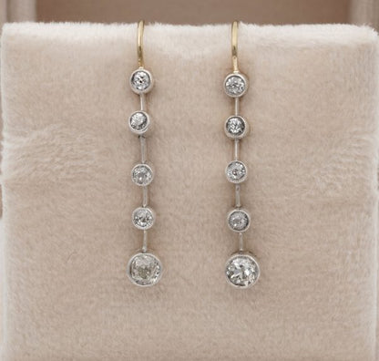 Antique Victorian 1.10ct Old Mine Cut Diamond Bar Line Drop Earrings