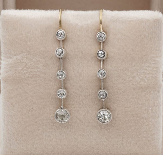 Antique Victorian 1.10ct Old Mine Cut Diamond Bar Line Drop Earrings