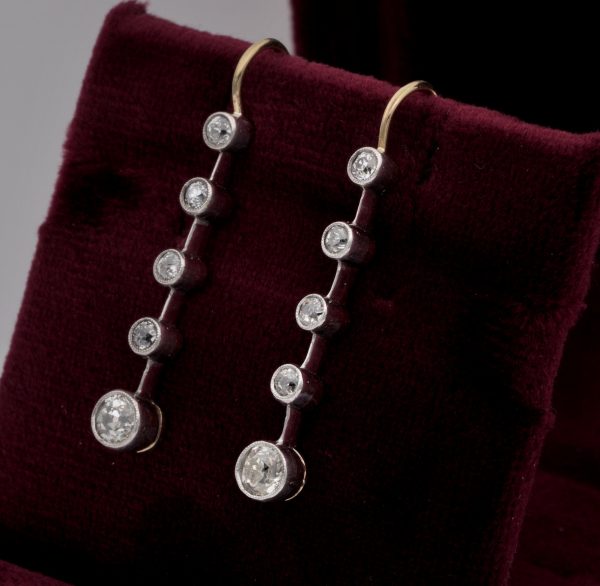 Antique Victorian 1.10ct Old Mine Cut Diamond Bar Line Drop Earrings