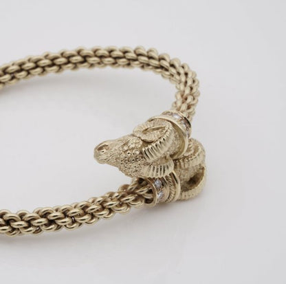 Vintage Etruscan Revival Style Rams Head Diamond Set Bangle