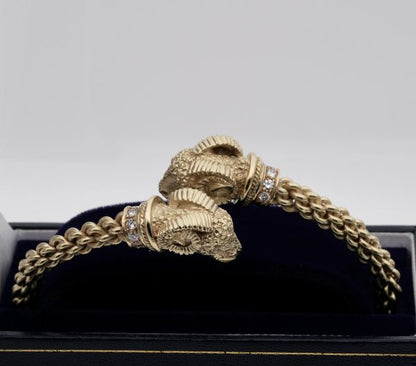 Vintage Etruscan Revival Style Rams Head Diamond Set Bangle